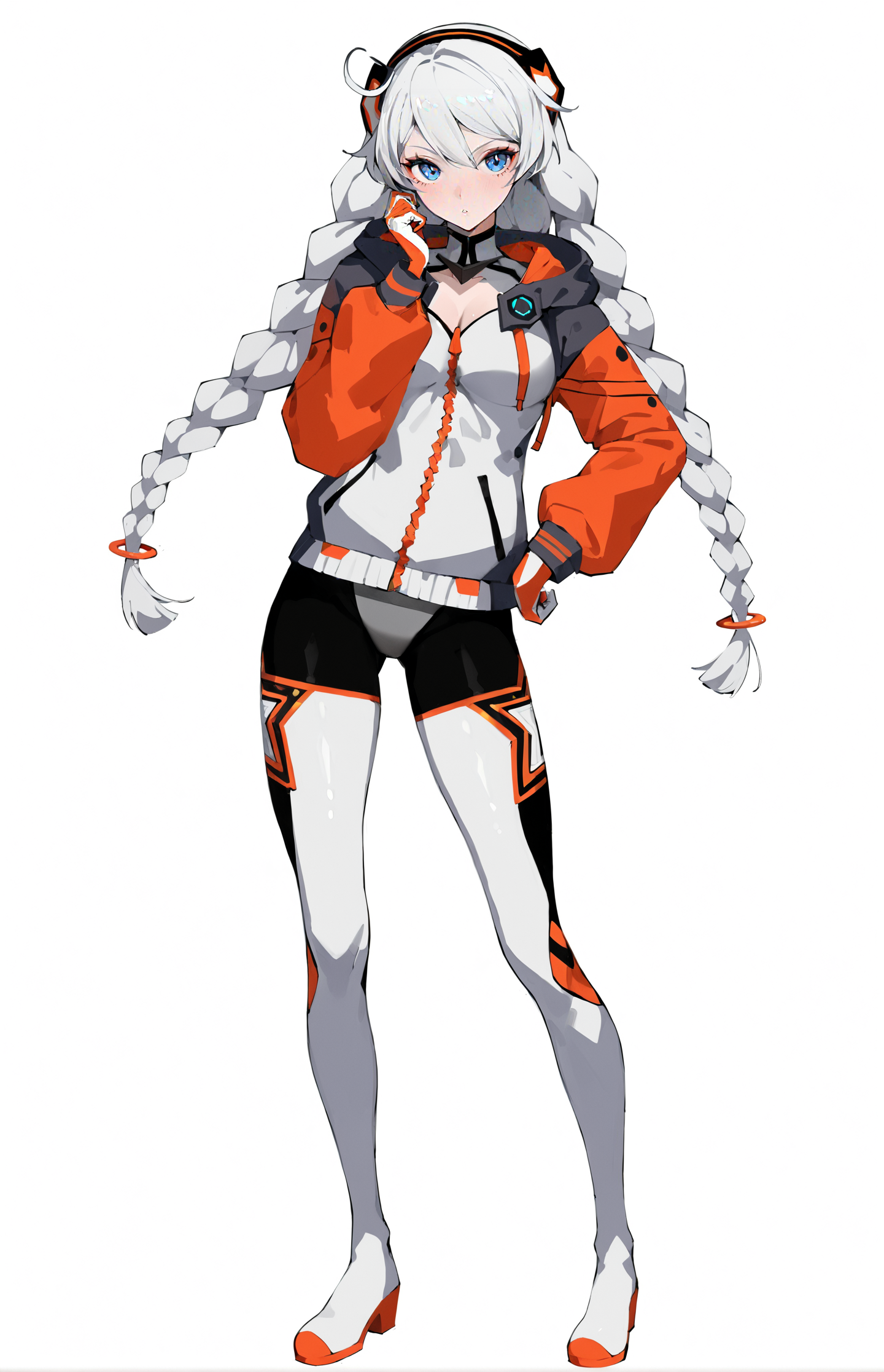 8k, best quality, masterpiece, (ultra-detailed:1.1), (high detailed skin), 
(full body), white background, standing, looking at viewer, (solo), hand on hip, 
<lora:kiana-young-A3-Tanger-000011:0.7>, kiana kaslana, mitu, 7th clothes, 1girl, jacket, braid, blue eyes, twin braids, long hair, white hair, 
(beautiful_face), ((intricate_detail)), clear face, 
((finely_detailed)), fine_fabric_emphasis, 
((glossy)), full_shot,