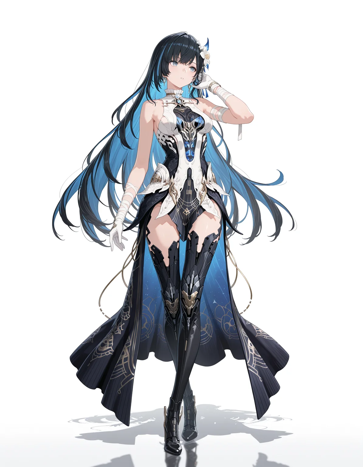 masterpiece,best quality,amazing quality,very aesthetic,high resolution,ultra detailed,perfect details,<lora:my-lora:1>,mai_style,
1girl,bandaged_arm,bandages,bare_shoulders,black_dress,black_hair,blue_eyes,blue_hair,boots,colored_inner_hair,gloves,high_heels,jewelry,long_hair,multicolored_hair,solo,streaked_hair,very_long_hair,white_dress,white_flower,white_gloves,
<lora:mai_pgr_selena_xs:0.7>,mai_pgr_selena_xs,standing,simple background,white background,full body,