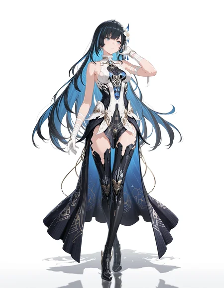masterpiece,best quality,amazing quality,very aesthetic,high resolution,ultra detailed,perfect details,<lora:my-lora:1>,mai_style,
1girl,bandaged_arm,bandages,bare_shoulders,black_dress,black_hair,blue_eyes,blue_hair,boots,colored_inner_hair,gloves,high_heels,jewelry,long_hair,multicolored_hair,solo,streaked_hair,very_long_hair,white_dress,white_flower,white_gloves,
<lora:mai_pgr_selena_xs:0.7>,mai_pgr_selena_xs,standing,simple background,white background,full body,