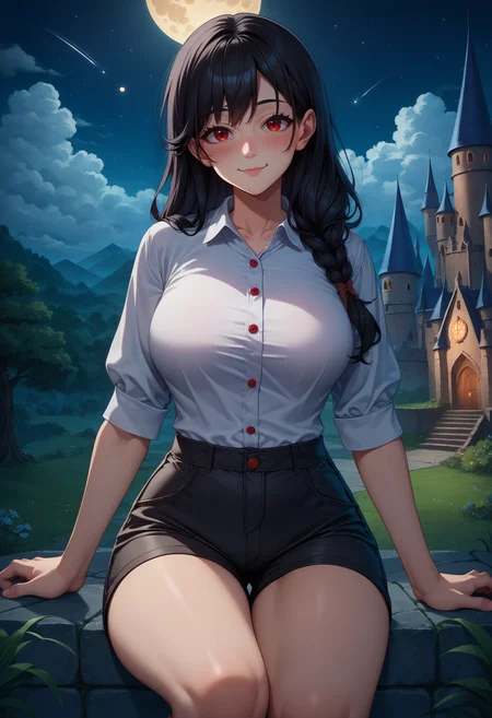 score_9, score_8_up, score_7_up, 1girl, black hair, long hair, red eyes, white shirt, short shorts, black shorts, cloud, moon, full moon, Hogwarts, castle hill, night sky, street, shooting star, looking at viewer, blush, light smile, closed mouth, strong pose, (mature female:0.65), knees,