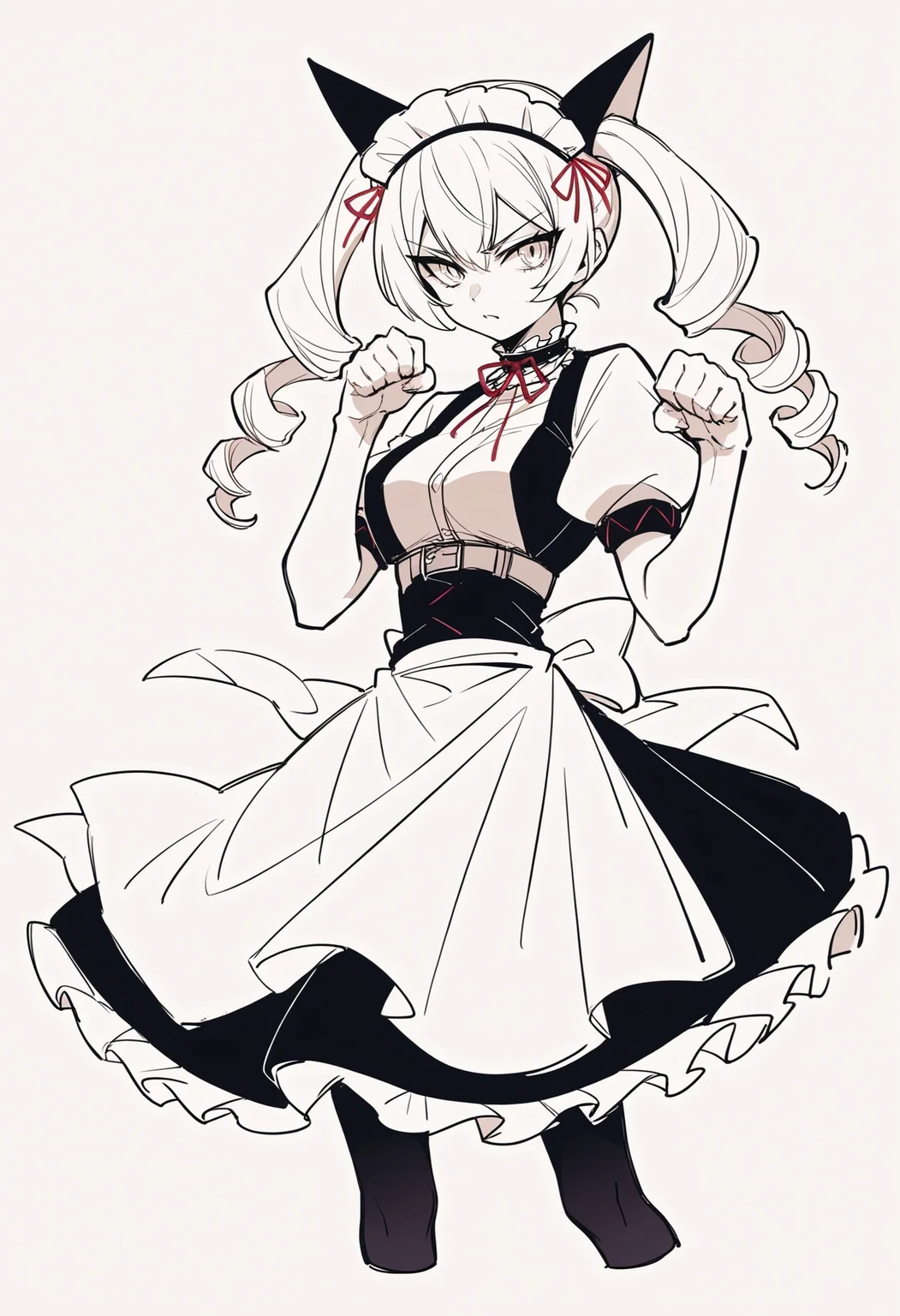 , score_9, score_8_up,score_7_up, source_furry, source_ anime, lineart, sketch, faris nyannyan, twin drills, maid headdress, animal ears, maid, dress, apron, puffy short sleeves, black pantyhose, belt, paw pose, :3,
<lora:Potat-lineart_sketch_v1-USENEG:-0.85> <lora:steinsgate_nyannyan_ponyXL:0.8>