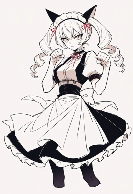, score_9, score_8_up,score_7_up, source_furry, source_ anime, lineart, sketch, faris nyannyan, twin drills, maid headdress, animal ears, maid, dress, apron, puffy short sleeves, black pantyhose, belt, paw pose, :3,
<lora:Potat-lineart_sketch_v1-USENEG:-0.85> <lora:steinsgate_nyannyan_ponyXL:0.8>