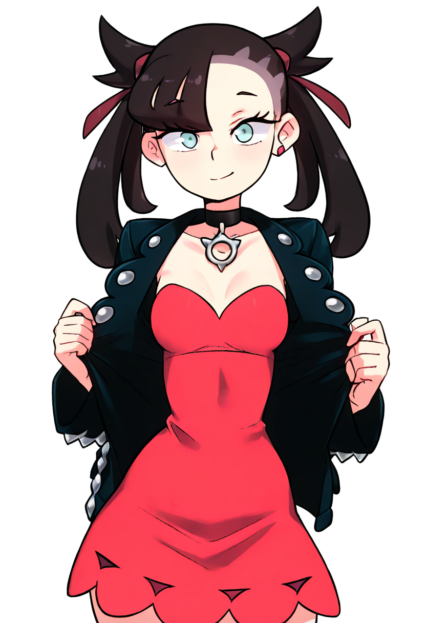 (masterpiece, best quality, good quality, very aesthetic, absurdres, newest:1.2), (curvy, medium breasts),  zzMarnie, aqua eyes,  black choker, red ribbon, pink dress, jewelry, black jacket, open clothes, long sleeves,  ,<lora:MarniePokemon_NAI_v2:1.0>,, smile, looking at viewer, cowboy shot,  ,<lora:TobiaswhellerNAI:1.0>,