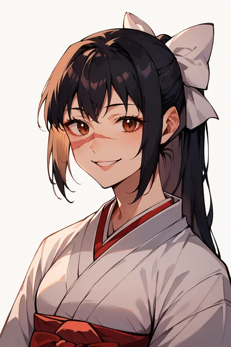 <lora:utahime_iori_jjk_xl:1>, score_9,score_8_up,score_7_up,score_6_up,utahime jjk, 1girl,solo,upper body, scar on face, long hair, brown eyes,black hair,parted lips ,smile, happy, japanese clothes, red hakama, miko, white background, hair bow, white bow,ponytail