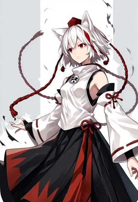 score_9, score_8_up, score_7_up, score_6_up, score_5_up, score_4_up, source_anime, solo, 1girl, 
inub4shir1_m0miji,white hair, short hair, wolf ears, red eyes, tokin hat, detached sleeves, two-tone skirt, 
masterpiece, best quality, very aesthetic, absurdres,