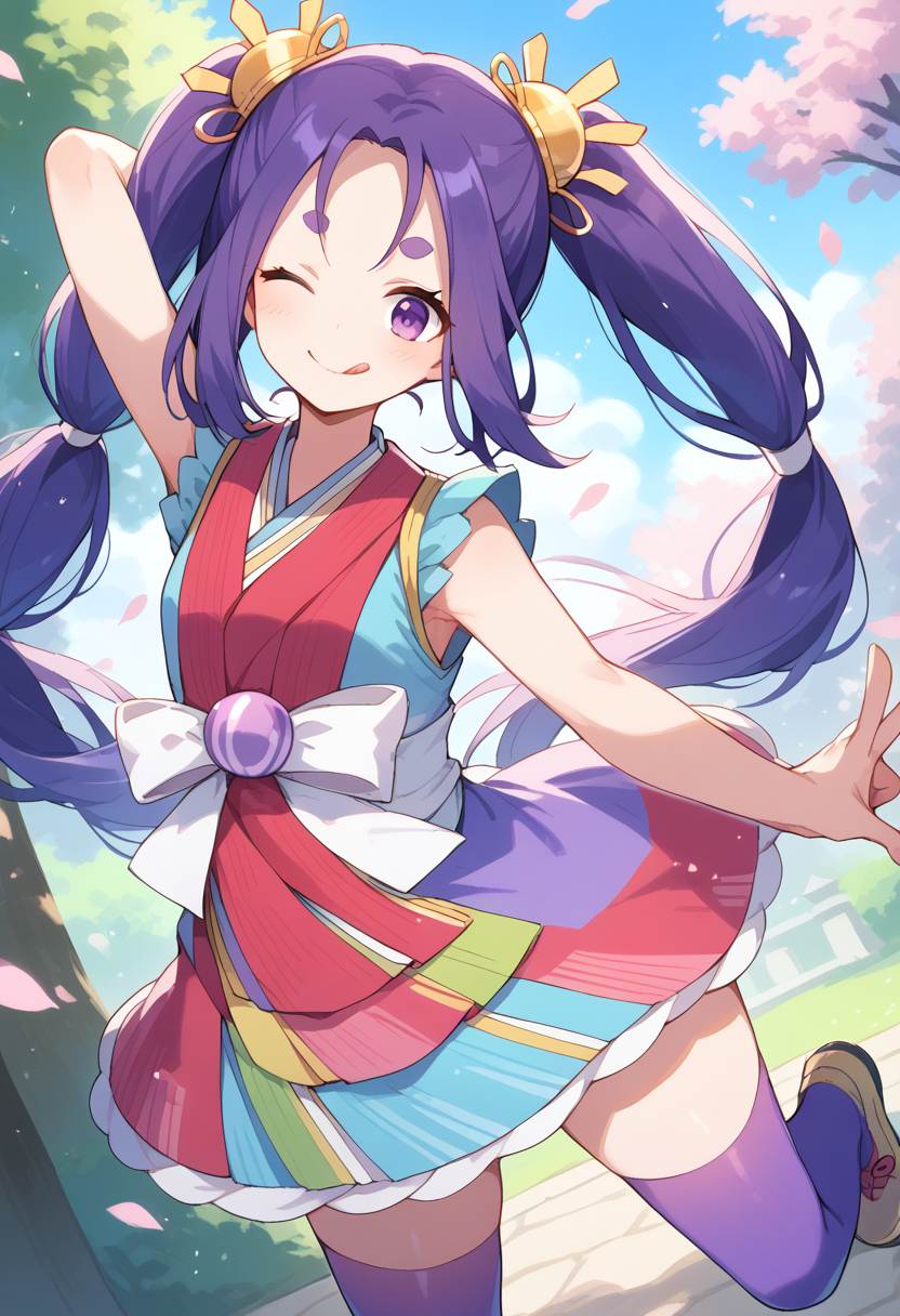score_9,score_8_up,score_7_up,score_6_up,score_5_up,score_4_up,masterpiece,best quality,1girl,solo,iroha_ppn,purple eyes,purple hair,long hair,twintails,short eyebrows,thick_eyebrows,hair ornament,low-tied long hair,kimono,japanese clothes,sleeveless,multicolored clothes,purple thighhighs,<lora:irohappn:1>,wink,(standing_on_one_leg:1.1),leg up,;p,tongue,smile,v,armpits,dynamic_angle,looking_at_viewer,cowboy_shot,standing,park,cherry blossoms,