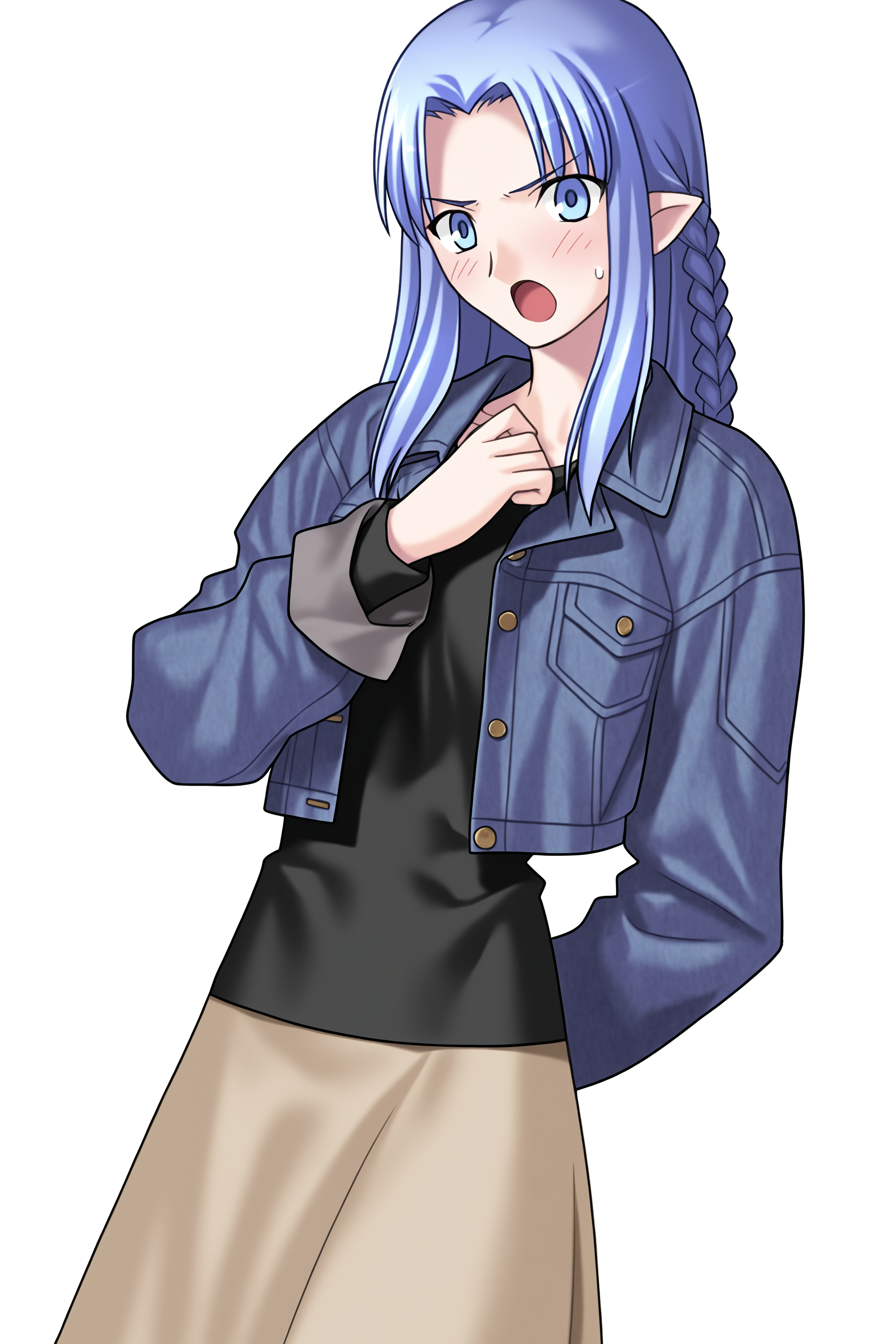 fatesnha, oekaki, 1girl, solo, long hair, looking at viewer, blush, open mouth, blue eyes, skirt, long sleeves, blue hair, jacket, braid, pointy ears, official alternate costume, sweatdrop, :o, transparent background, casual, surprised, side braid, angry, long skirt, brown skirt, oekaki, denim jacket, medea \(fate\), 
(masterpiece, best quality, absurdres, highres, newest, very awa:1.2), 