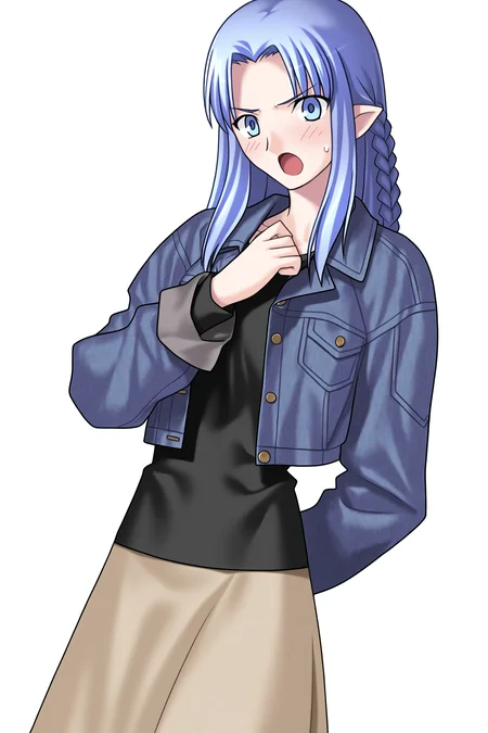 fatesnha, oekaki, 1girl, solo, long hair, looking at viewer, blush, open mouth, blue eyes, skirt, long sleeves, blue hair, jacket, braid, pointy ears, official alternate costume, sweatdrop, :o, transparent background, casual, surprised, side braid, angry, long skirt, brown skirt, oekaki, denim jacket, medea \(fate\), 
(masterpiece, best quality, absurdres, highres, newest, very awa:1.2), 