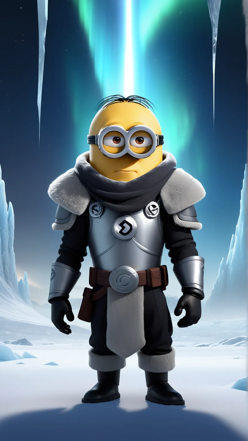 fantasy, archaeology theme, <lora:MinionStyleXL:1> MinionStyle portrait, solo, (full body:0.6), detailed background, detailed face, (<lora:InfraBlackholeTech:0.6>, inblackholetech theme:1.1), White winter warrior, (glowing eyes:1.05), stoic expression, paladin, dynamic pose, ice shards, cold, stormy background, northern lights in background cinematic atmosphere, as a minion, 3D, pixar, CG