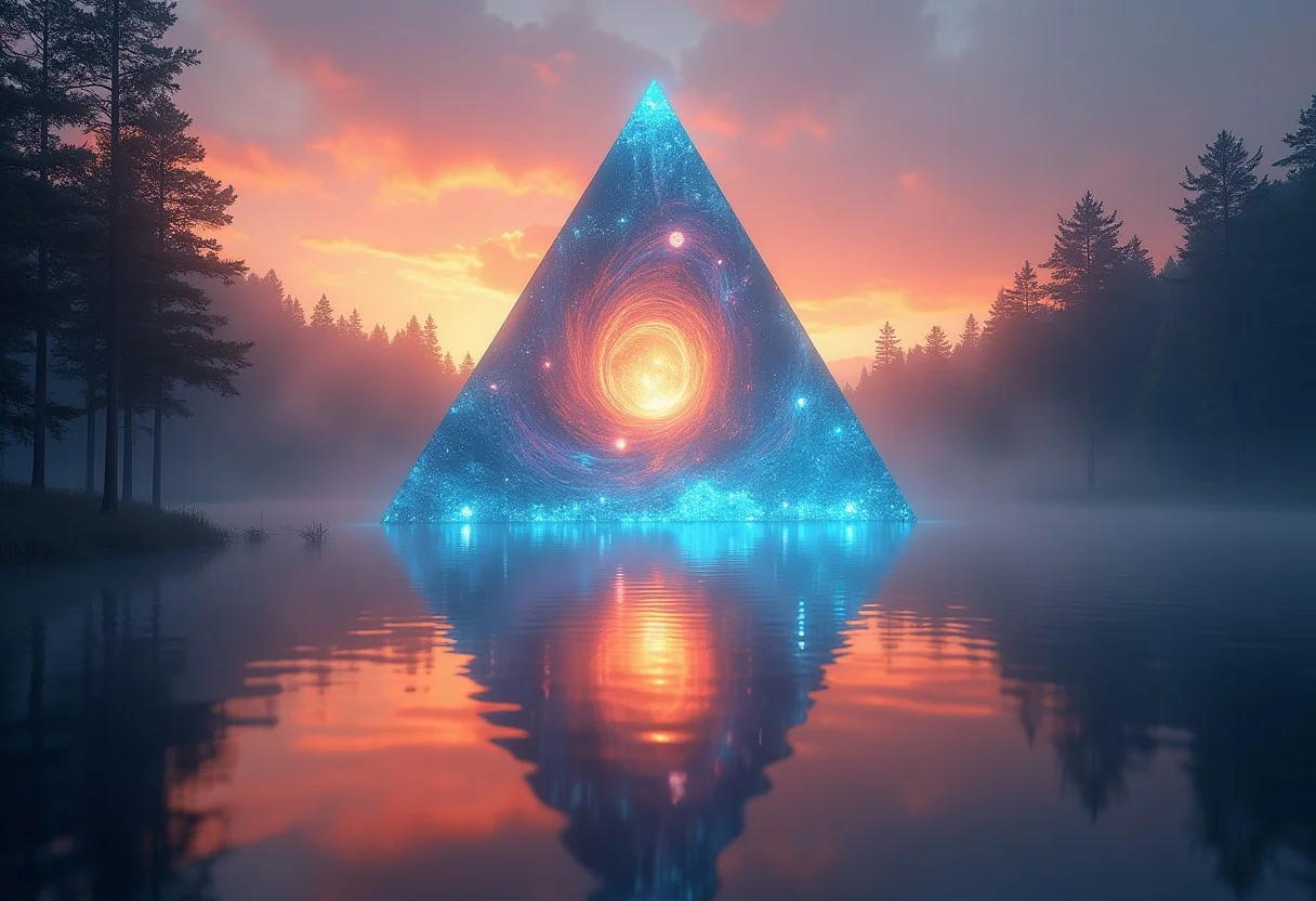 A massive, crystalline pyramid floating above a calm, mirrored lake at twilight. The pyramid is filled with a swirling aurora of colors, reflecting the setting sun’s golden rays. Tiny, luminous orbs drift inside, like stars caught in a celestial current. Beneath the pyramid, the lake’s surface shimmers, reflecting the vibrant hues of the sky. Around the lake, tall, shadowy trees stand silent, their reflections merging with the scene. The air is thick with a gentle mist, adding an ethereal, dreamlike quality. Ultra-detailed, 4K, with a serene yet mystical atmosphere