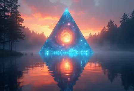 A massive, crystalline pyramid floating above a calm, mirrored lake at twilight. The pyramid is filled with a swirling aurora of colors, reflecting the setting sun’s golden rays. Tiny, luminous orbs drift inside, like stars caught in a celestial current. Beneath the pyramid, the lake’s surface shimmers, reflecting the vibrant hues of the sky. Around the lake, tall, shadowy trees stand silent, their reflections merging with the scene. The air is thick with a gentle mist, adding an ethereal, dreamlike quality. Ultra-detailed, 4K, with a serene yet mystical atmosphere