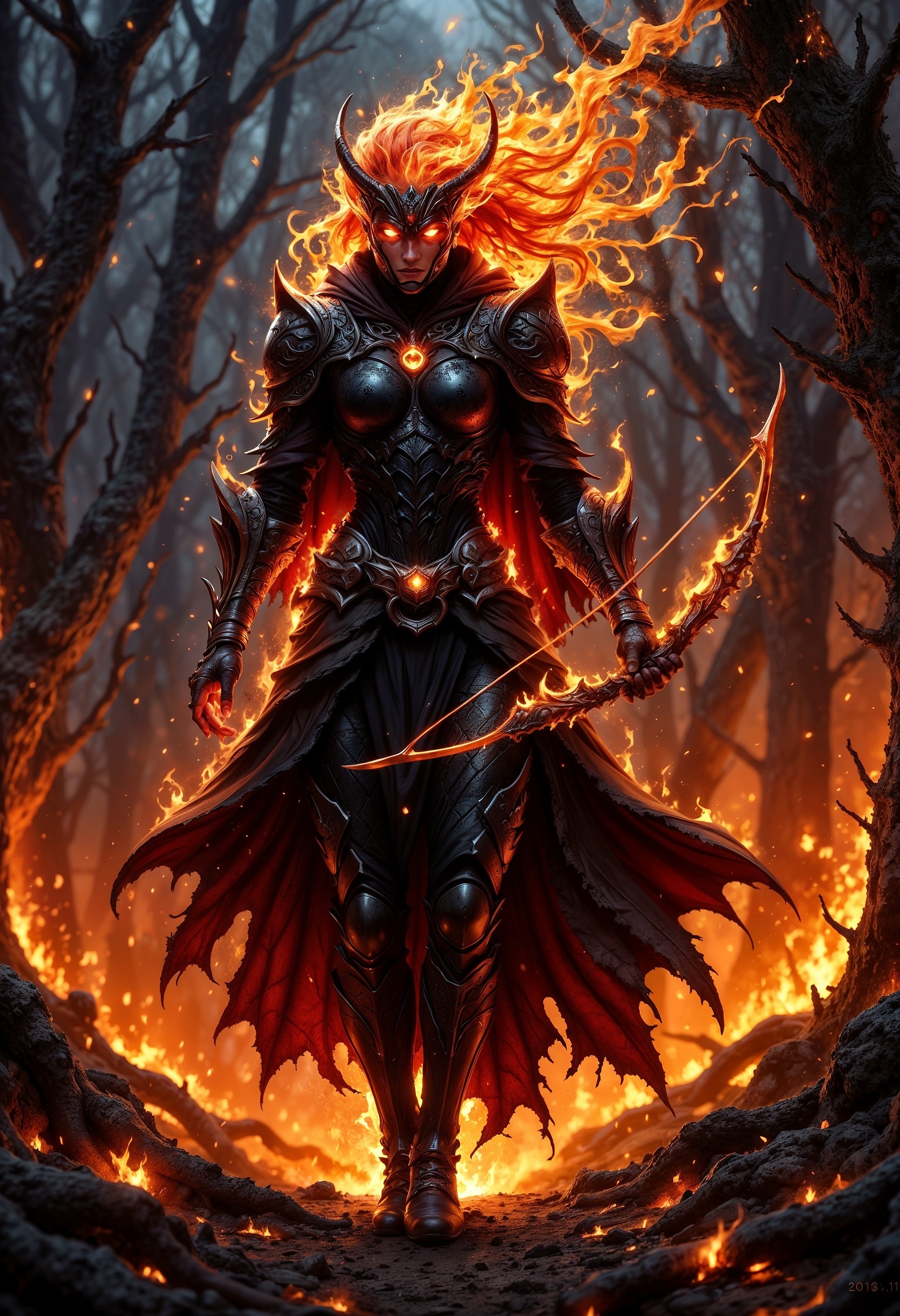 A fiery, intense scene of an infernal huntress, draped in blackened, molten armor, glowing with ember-like cracks. She stands amid a burning forest, holding a bow made of obsidian and fire. Her eyes blaze with a fierce, unquenchable rage, and her flaming hair whips wildly in the scorching wind. The ground around her is scorched, with embers floating in the air, and the trees burn with a supernatural intensity. The lighting is dramatic, with bright, fiery contrasts highlighting the huntress’s power and the destructive force she wields.