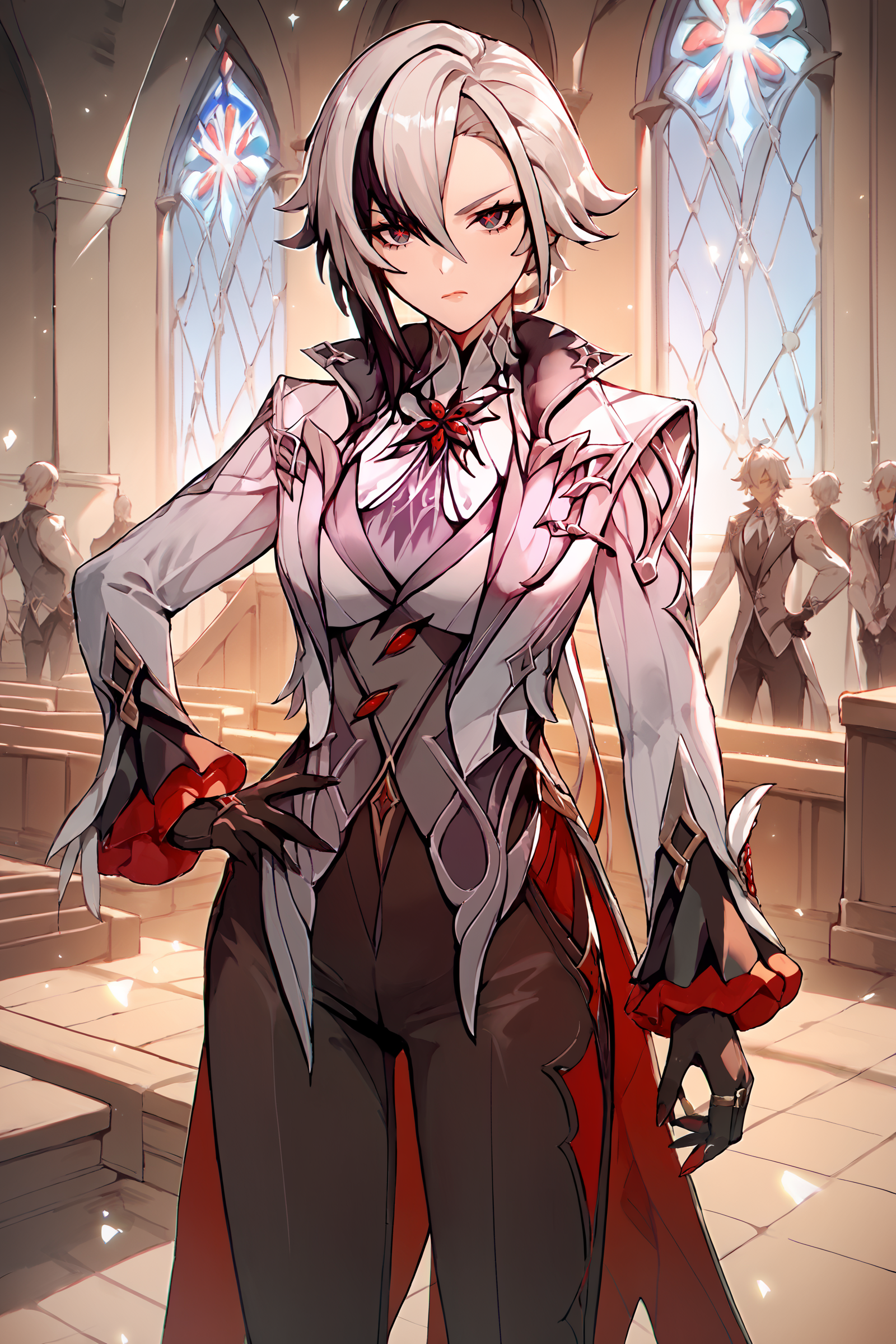 score_9, score_8_up, score_7_up, source_anime , 1girl, arlecchino \(genshin impact\), black gloves, grey tailcoat, black pants, grey vest, grey shirt, looking at viewer, glaring, standing, hand on hip, cowboy shot, church, indoors, depth of field  <lora:Expressive_H:0.4> <lora:odanon_style_v2:0.5>  <lora:Char-Genshin-Arlecchino-Pony-V1:0.9>
