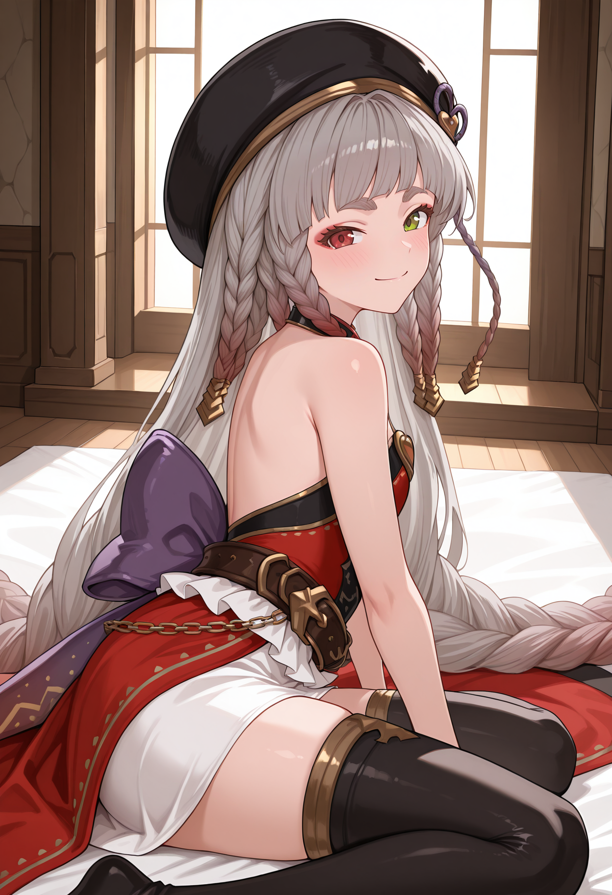 highres, best quality, masterpiece, indoors,
1girl, solo, gbfphli, very long hair, erune, grey hair, red eyes, green eyes, heterochromia, thick eyebrows,
phldef, multiple braids, beret, black headwear, multicolored dress, red dress, bare shoulders, heart brooch, black sash, belt, multiple belts, bare arms, white skirt, red overskirt, high-low skirt, black thighhighs, chain, back bow,
looking at viewer, blush, smile,
wariza, on side,
<lora:_pholia_gbf-elesico-ilxlCab-000013:1>