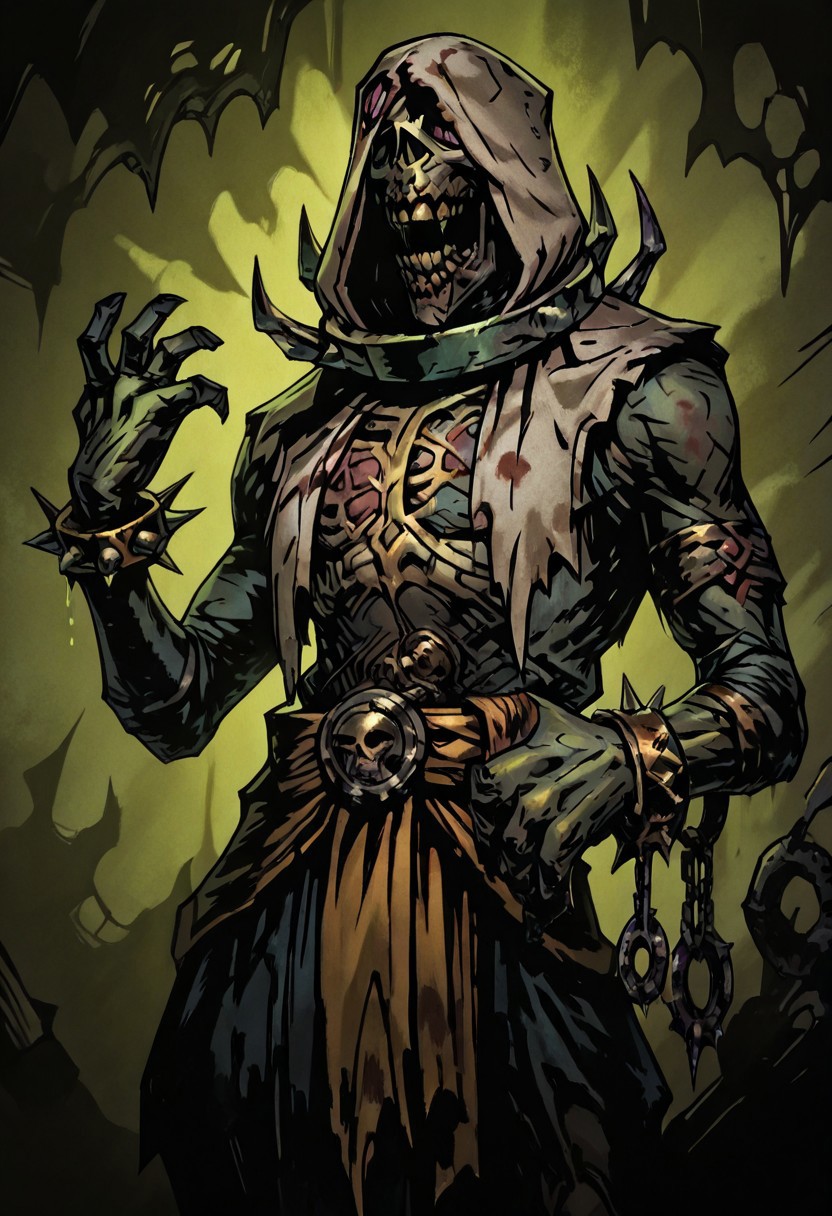masterpiece, best quality, newest, absurdres, highres,  TTCSV1.0,
1boy, DDFLA-V1.1, collar, spiked collar, hood, scar, sash, spikes, undead, zombie, hood, hood up, teeth, bracelet,