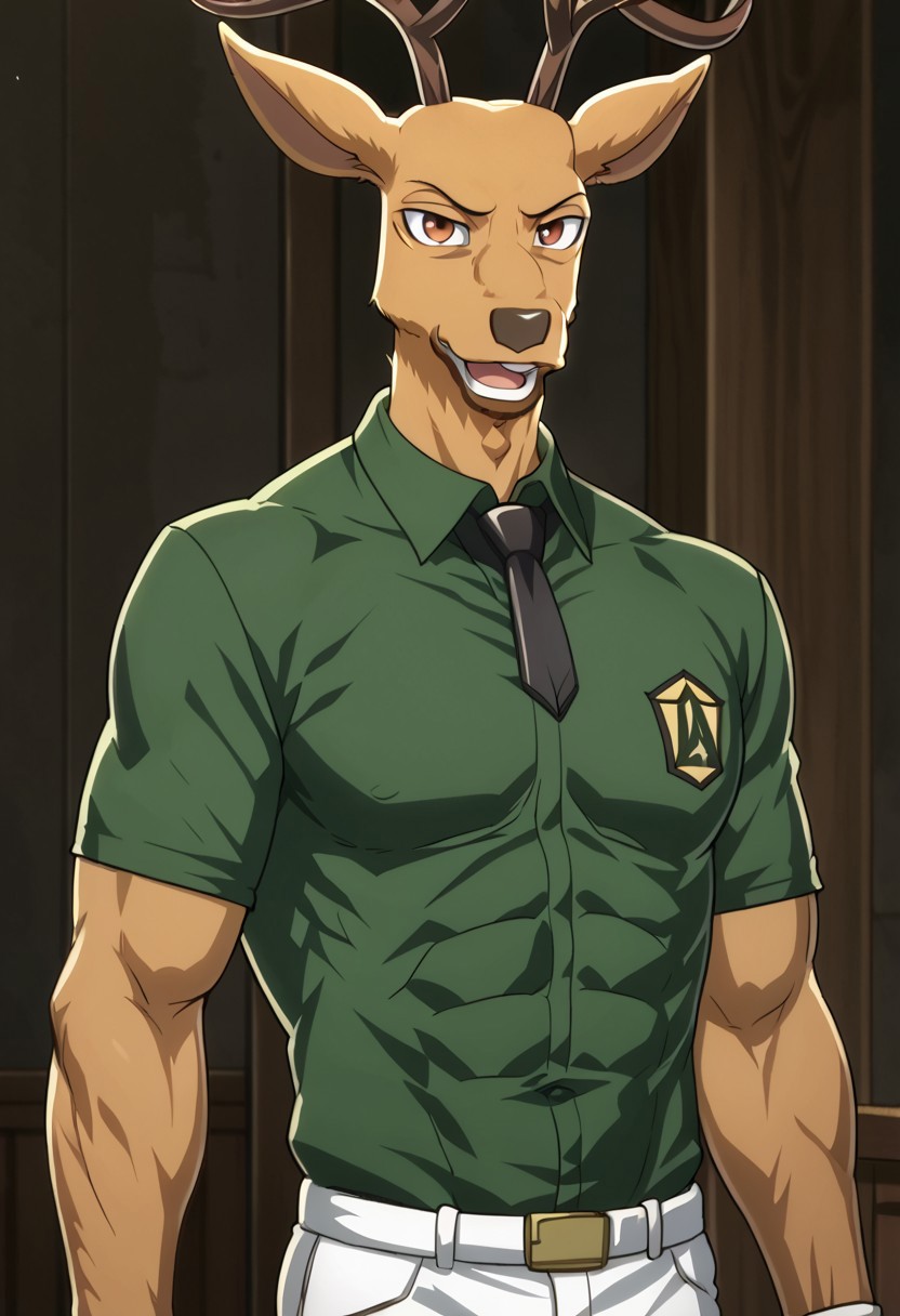 high quality, detailed, source_furry, male, solo male, 1boy, broad shoulders, mature male, reddish brown eyes, athletic build, muscular build, sexy abs, big muscle chest, big muscle biceps, sexy muscle abs, six pack abs, deer, buck, antlers, brown body, animal ears,  looking at viewer,  laugh, loud laugh, mature male, solo, anthro, mature skin,detailed, green Uniform, enjoying his muscles, in the drama club, big muscle biceps, double biceps flex front, front, front view