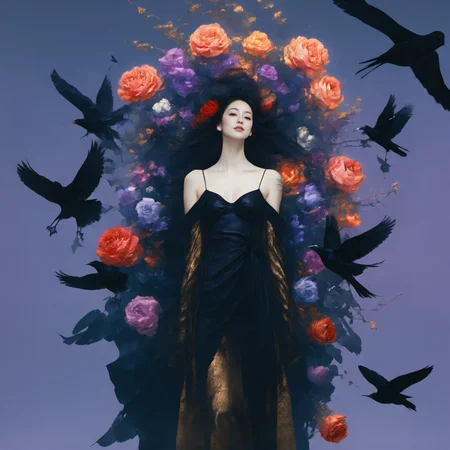 <lora:LangV2:0.85>, <lora:RuanV2:0.6>, <lora:NamikoPonySRV1:0.9>, Namiko, pigeon, dress, rose, <lora:add-detail-xl:1.0>, 1girl, black hair, solo, flower, bird, dress, black dress, long hair, pigeon, rose