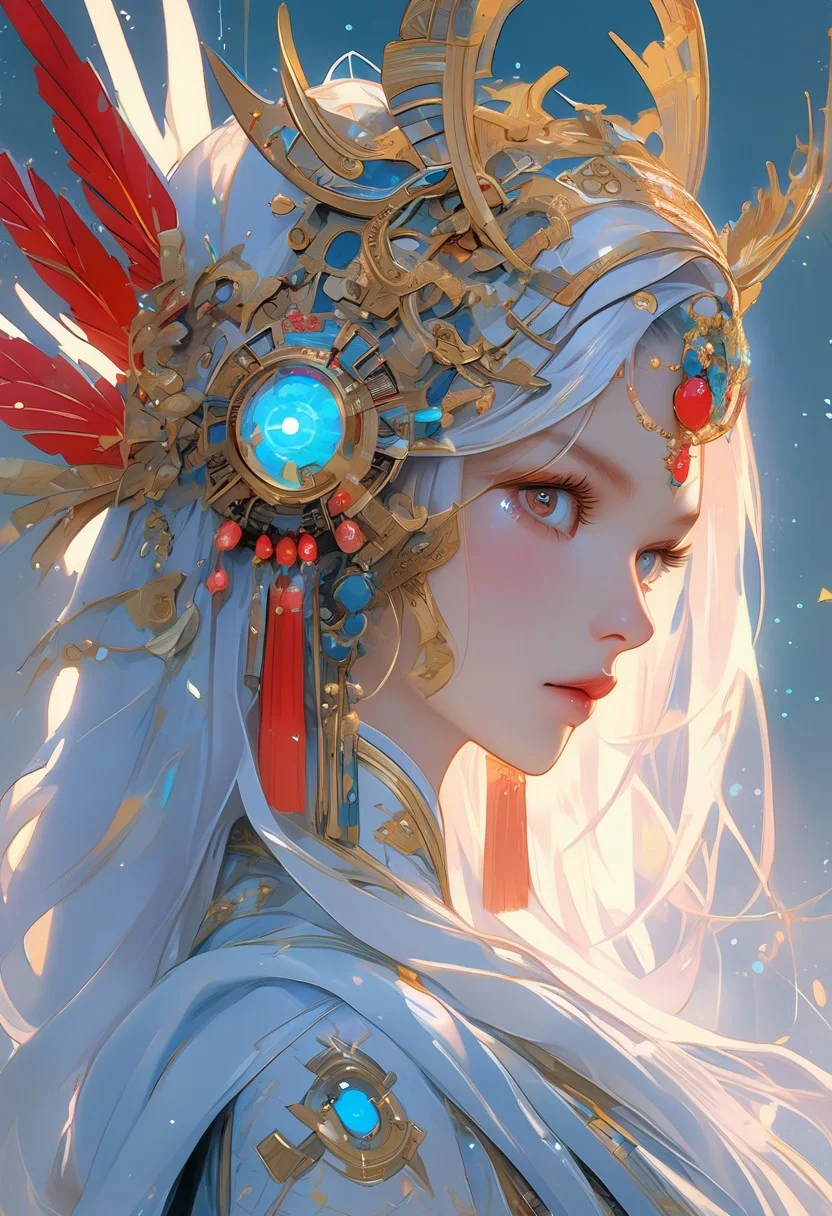 (Soft Lighting Photography by Mimoza Veliu and Mario Giacomelli:1.2), NSFW, a futuristic, cyberpunk-inspired figure resembling an empress or deity, adorned with intricate, glowing armor and headgear. The character has sharp, red, glowing eyes that stand out against pale skin, giving an intense and otherworldly look. The headpiece is a highly detailed structure featuring mechanical and ornamental elements, with metallic components and neon accents, forming an elaborate crown. A circular neon halo glows behind the figure’s head, enhancing the ethereal and divine atmosphere. The clothing blends traditional Chinese elements, such as a robe with intricate embroidery, with high-tech, holographic materials. Flowing translucent fabrics are illuminated with bright blue lights, creating a striking contrast against the dark background. The overall aesthetic is a powerful combination of ancient Chinese culture and futuristic cybernetic design