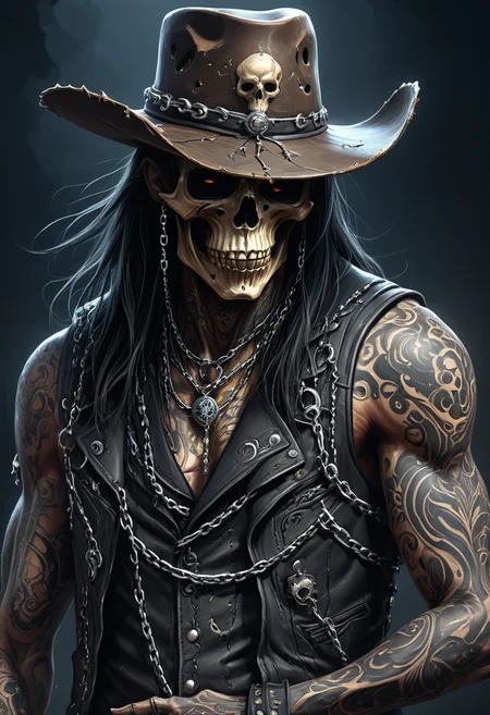 Flat illustration, digital painting of an undead creature from the side, skeletal face, long dark hair, wearing a torn leather vest and a cowboy hat, heavily tattooed, surrounded by chains, dark colored dynamic background, close-up, dark fantasy art, ultra-detailed, high contrast, mobe-godeen <lora:GothicDetailEnhancerV1:0.75>,