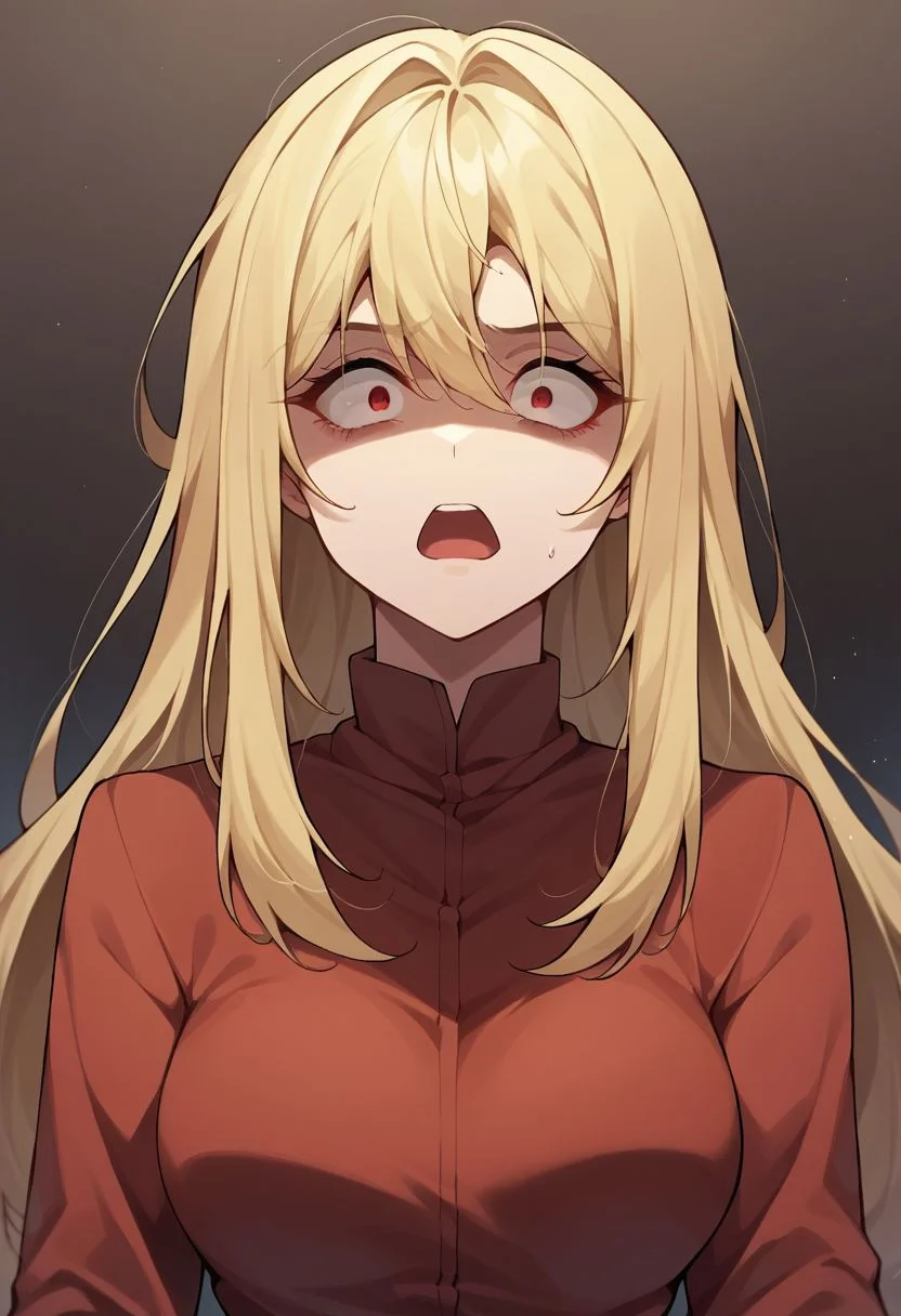 score_9, score_8, score_7, constricted pupils, 1girl, solo, open mouth, looking at viewer, long hair, red eyes, medium breasts, blonde hair, long sleeves