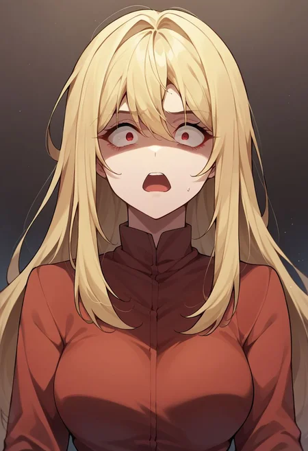 score_9, score_8, score_7, constricted pupils, 1girl, solo, open mouth, looking at viewer, long hair, red eyes, medium breasts, blonde hair, long sleeves