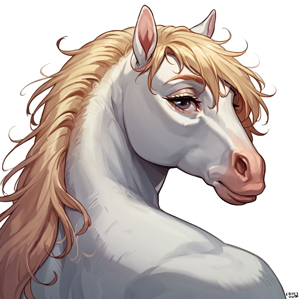 score_9, score_8_up, score_7_up, score_6_up, mariart, by mariart, white background, solo, furry, anthro, female, horse, hair, close-up,