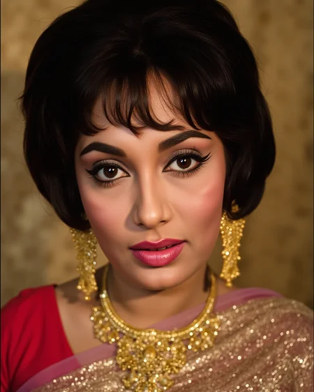 close-up portrait of Indian actress S4dh4n4, inspired by a 1970s Bollywood magazine photoshoot, bold eye makeup, side-swept voluminous hair, wearing a glittery chiffon sari with golden jewelry, dreamy soft focus, retro studio backdrop, vintage warm tones, graceful expression
<lora:s4dh4n4_Sadhana_Flux_Kohya_V1b_500Steps:1.0> <lora:aidmaRealisticSkin-FLUX-v0.1:0.4000000000000001>