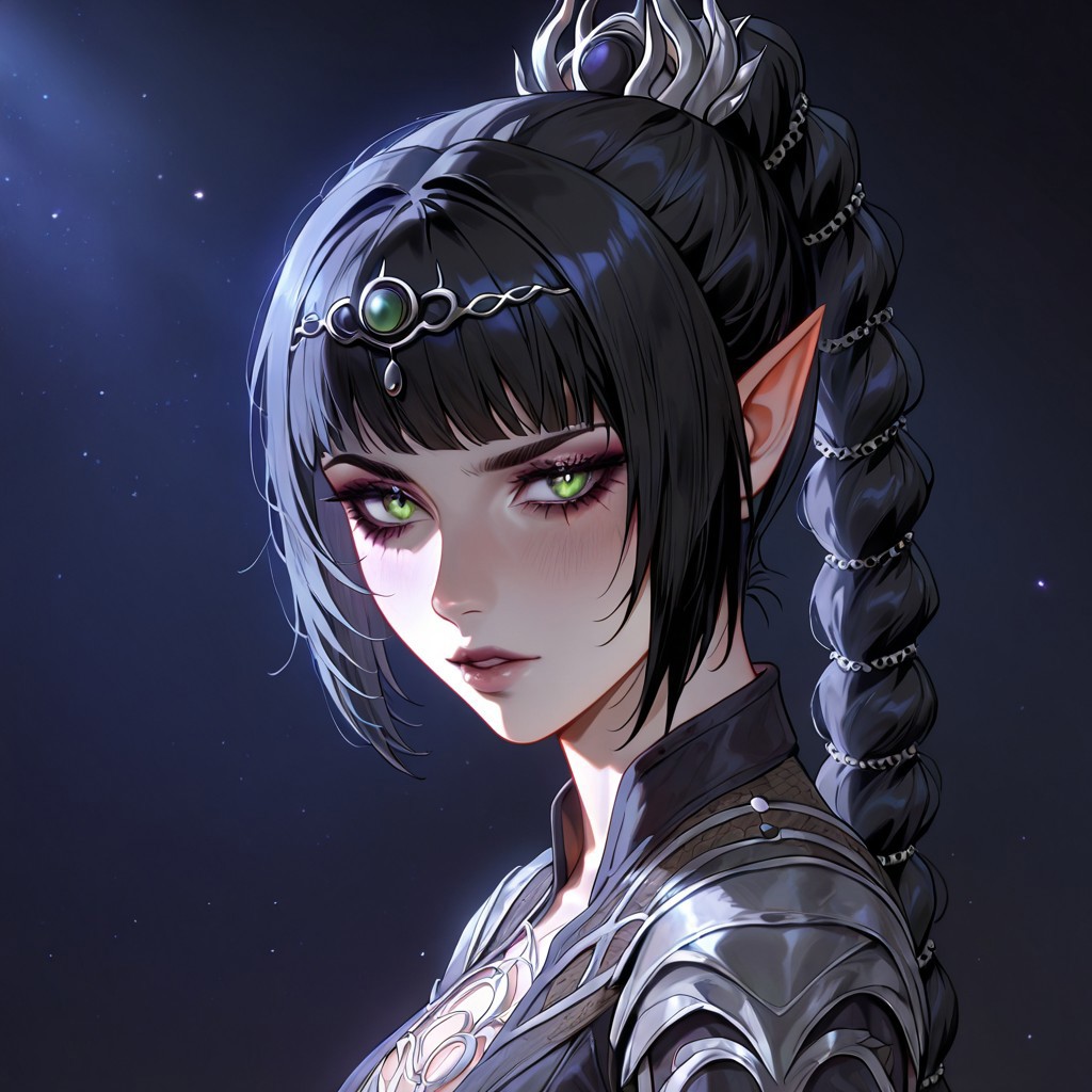 masterpiece, best quality, newest, absurdres, highres, 
DFV1.0 
1girl, shadowheart \(baldur's gate\), long braid, elf, pointy ears, black hair, braid, side bangs, green eyes,