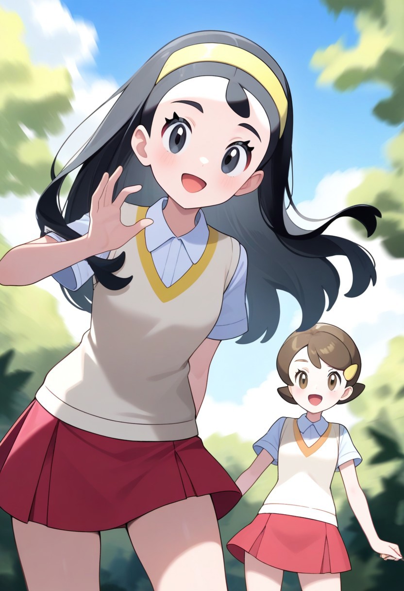 2d, masterpiece, best quality, amazing quality, highres, absurdres, newest, 2girls, standing, smile, open mouth, cowboy shot, upper body, sky, clouds, woods, nature, teammates \(pokemon\), senpai, long hair, black hair, black eyes, yellow hairband, kohai, short hair, brown hair, brown eyes, hairclip, collared shirt, short sleeves, beige sweater vest, red skirt, miniskirt,,masterpiece,best quality,newest,absurdres,highres,very awa
