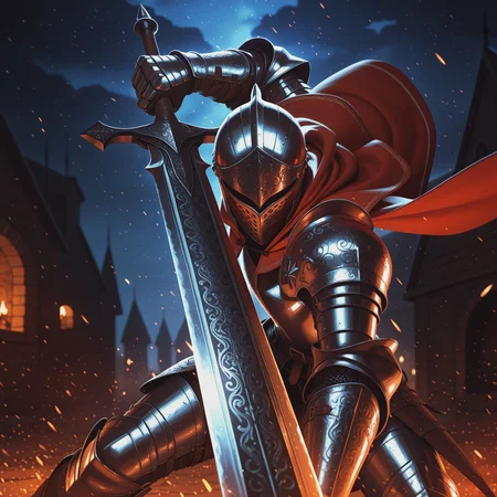 masterpiece, best quality, absurdres, highres, high quality, highly detailed,
1boy, solo, knight, faceless, engraved helmet, no eyes, looking at viewer,
engraved, engraving, engraved armor, red capelet, arm armor, shoulder armor, gauntlets,
holding sword, engraved sword, longsword, action pose, dynamic pose, incoming attack, swinging weapon,
outdoors, depth of field, cinematic, fantasy, medieval, embers, light particles, night, dramatic lighting, downward lighting,
no lineart, pixelsketcher, <lora:incase_new_style_red_ill:0.6>, <lora:bonifasko_ill:0.4>, <lora:engraved03:0.6>