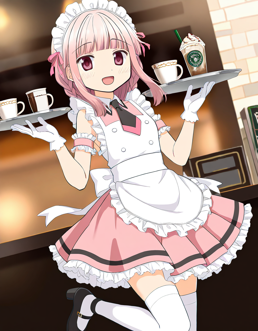 masterpiece, best quality, newest, absurdres, highres, safe, 1girl, tamaki iroha \(maid costume\), magia record: mahou shoujo madoka magica gaiden, white maid, white gloves, pink skirt, solo, leg up, tray, coffee shop, dutch angle, <lora:tamaki_iroha_noobaiXLNAIXL_vPred10Version:0.7>