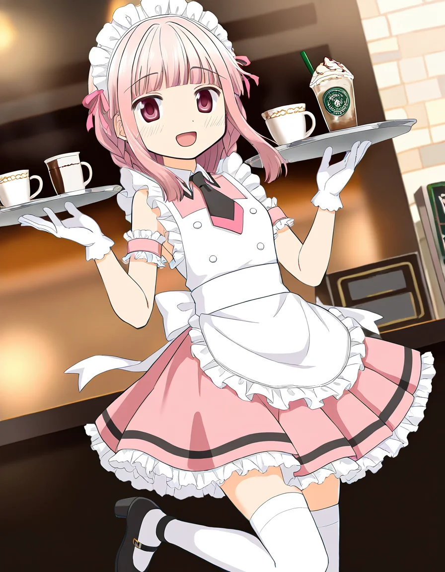 masterpiece, best quality, newest, absurdres, highres, safe, 1girl, tamaki iroha \(maid costume\), magia record: mahou shoujo madoka magica gaiden, white maid, white gloves, pink skirt, solo, leg up, tray, coffee shop, dutch angle, <lora:tamaki_iroha_noobaiXLNAIXL_vPred10Version:0.7>