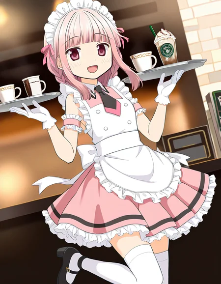 masterpiece, best quality, newest, absurdres, highres, safe, 1girl, tamaki iroha \(maid costume\), magia record: mahou shoujo madoka magica gaiden, white maid, white gloves, pink skirt, solo, leg up, tray, coffee shop, dutch angle, <lora:tamaki_iroha_noobaiXLNAIXL_vPred10Version:0.7>