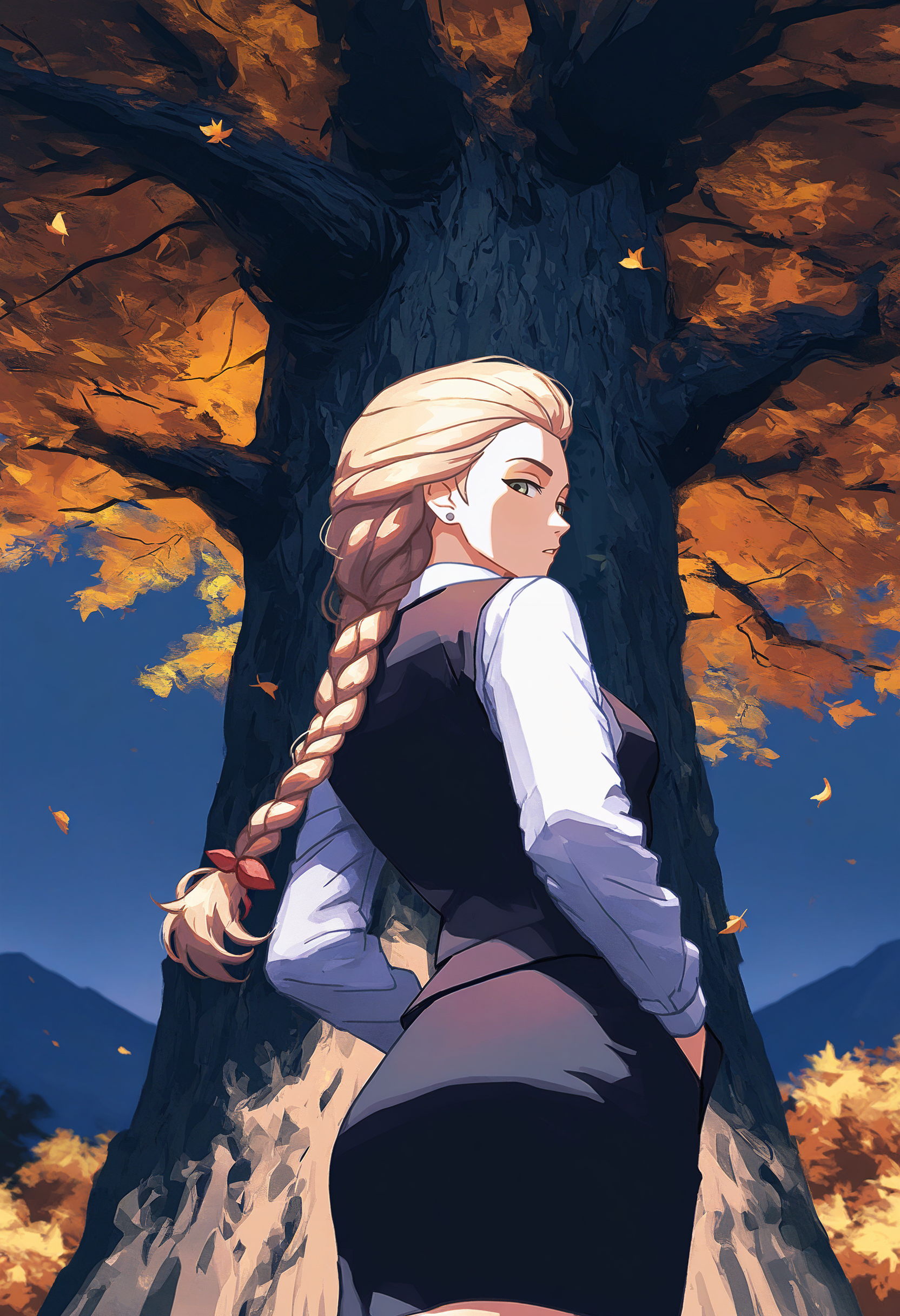 night shot of masterpiece, ultra-HD, impressionism (1.5), high detail, depth of field,
 katyastik, 1girl, solo, long hair, braid, blonde hair, jewelry, earrings, single braid, green eyes, single braid, stud earrings,  hair red bow,
shirt,  white shirt, long sleeves, hair bow, stud earrings, vest, collared shirt, black vest, short  skirt,
 outdoors, very_aesthetic, 1girl, solo, from behind, standing, under_tree, autumn, jacket, hands in pockets, scarf, vista in background, mountains valley, upper body, under a tree, branches, on the edge, golden_ratio, falling_leaves, against_tree, bush, looking back, moss, from below,
 <lora:NOOB_vp1_detailer_by_volnovik_v1:1>  dark theme <lora:katyastikTEST:1> <lora:nhl-001:1> nhl-001, limited palette, realistic. Dark, lit, moody, mysterious