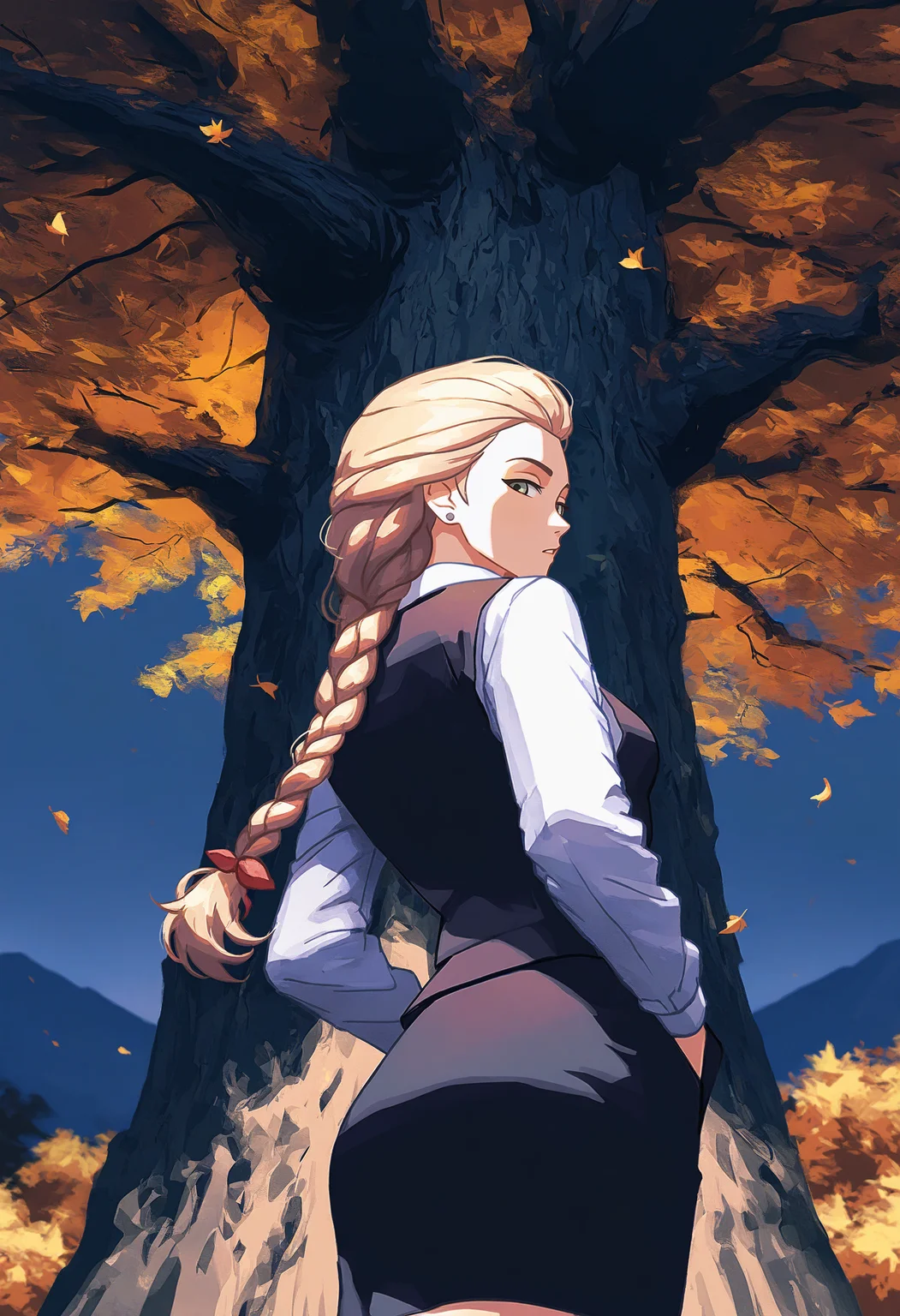 night shot of masterpiece, ultra-HD, impressionism (1.5), high detail, depth of field,
katyastik, 1girl, solo, long hair, braid, blonde hair, jewelry, earrings, single braid, green eyes, single braid, stud earrings, hair red bow,
shirt, white shirt, long sleeves, hair bow, stud earrings, vest, collared shirt, black vest, short skirt,
outdoors, very_aesthetic, 1girl, solo, from behind, standing, under_tree, autumn, jacket, hands in pockets, scarf, vista in background, mountains valley, upper body, under a tree, branches, on the edge, golden_ratio, falling_leaves, against_tree, bush, looking back, moss, from below,
<lora:NOOB_vp1_detailer_by_volnovik_v1:1> dark theme <lora:katyastikTEST:1> <lora:nhl-001:1> nhl-001, limited palette, realistic. Dark, lit, moody, mysterious