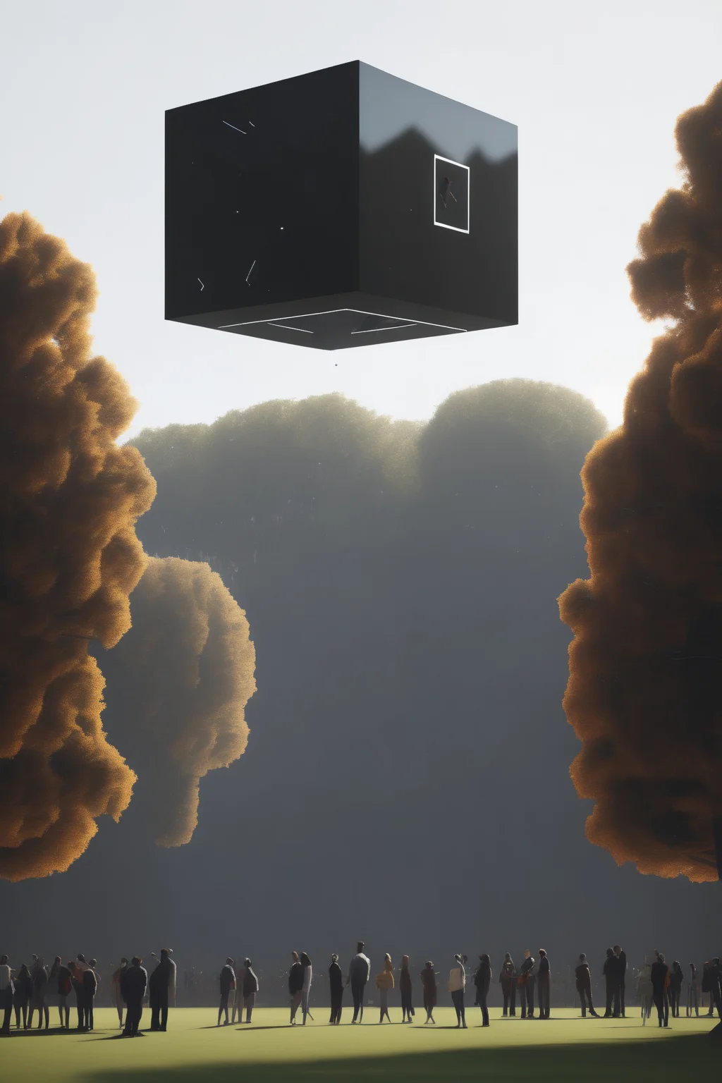 <lora:Levitating Cube:1>Levitating Cube - a crowd gathered around a cube hovering above a park
