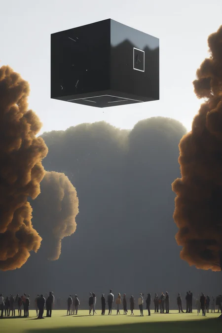 <lora:Levitating Cube:1>Levitating Cube - a crowd gathered around a cube hovering above a park