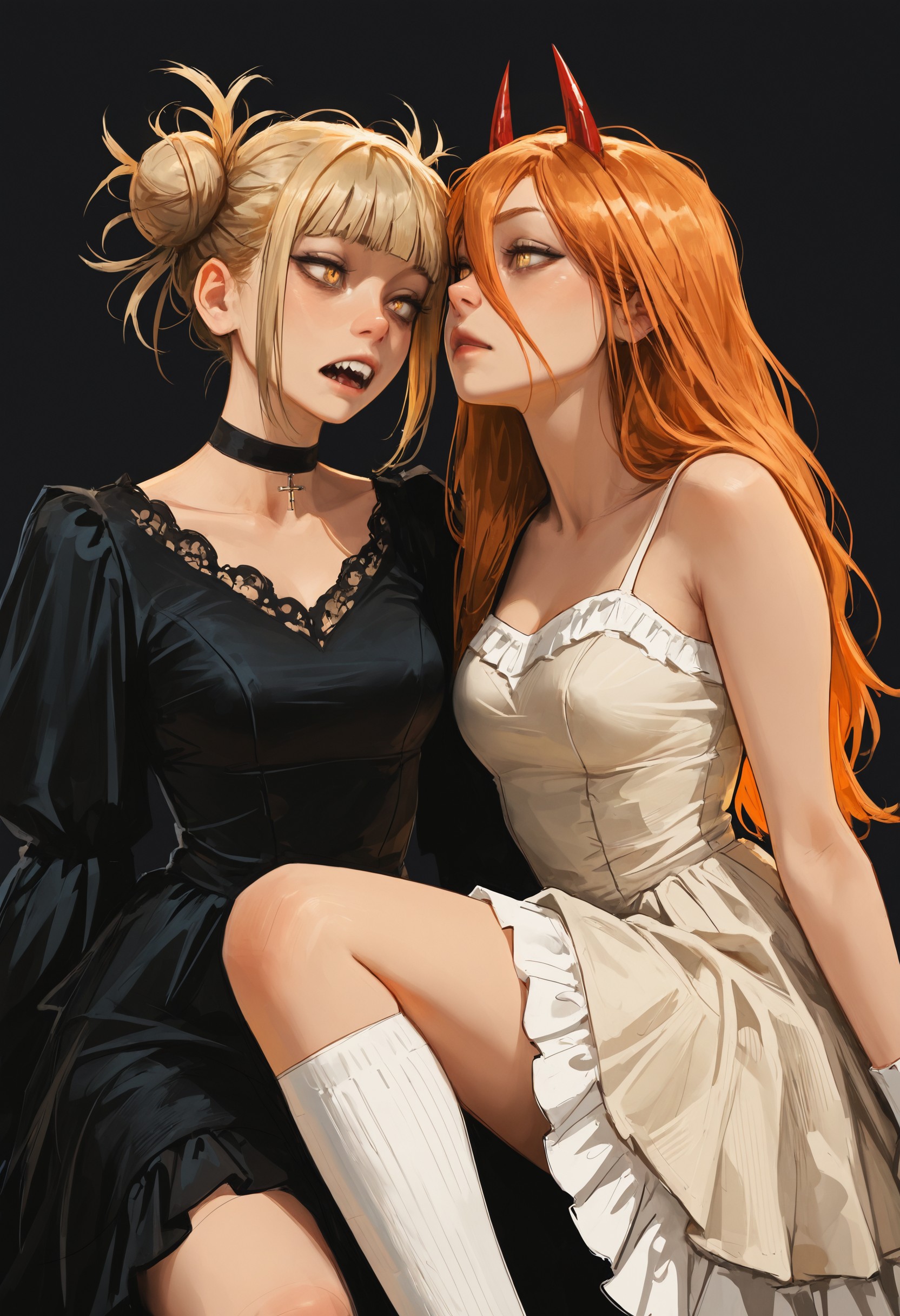 smgy2, power_(chainsaw_man), (toga_himiko), boku_no_hero_academia, alternate_costume, 2girls, black_dress, blonde_hair, double_bun, tied_hair, closed_mouth, cross-shaped_pupils, crossover, demon_girl, demon_horns, hair_between_eyes, frilled_dress, horns, long_hair, long_hair_between_eyes, multiple_girls, open_mouth, orange_hair, red_horns, beige_dress, sharp_teeth, simple_background, (victorian), white_socks, kneehigh_socks, teeth, dark_background, yellow_eyes, masterpiece, best quality, amazing quality, best resolution, incredibly absurdres, 4k, latest, <lora:b0aac5e5-3a20-4884-83b0-1b95c70e6b79:0.9>