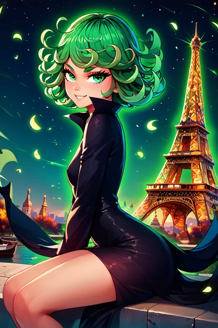 score_9, score_8_up, score_8, medium breasts, (curvy), cute, eyelashes, BREAK, , zzTatsumaki, green eyes, green hair, black dress, glowing, green glow, aura, energy, <lora:Tatsumaki_PDXL:0.8>, , BREAK, zzEiffelTower in background, sitting, watercraft, boat, sitting on wall, side view, looking at viewer, smile, BREAK, blooming stars, luminescent petals, otherworldly fragrance blurry background, embedding:zPDXL, Expressiveh, <lora:EiffelTowerPDXL:0.8>, <lora:CatalystStylePDXL:0.6>, <lora:SDXLFaeTastic2400:0.5>, <lora:Expressive_H-000001:0.4>,