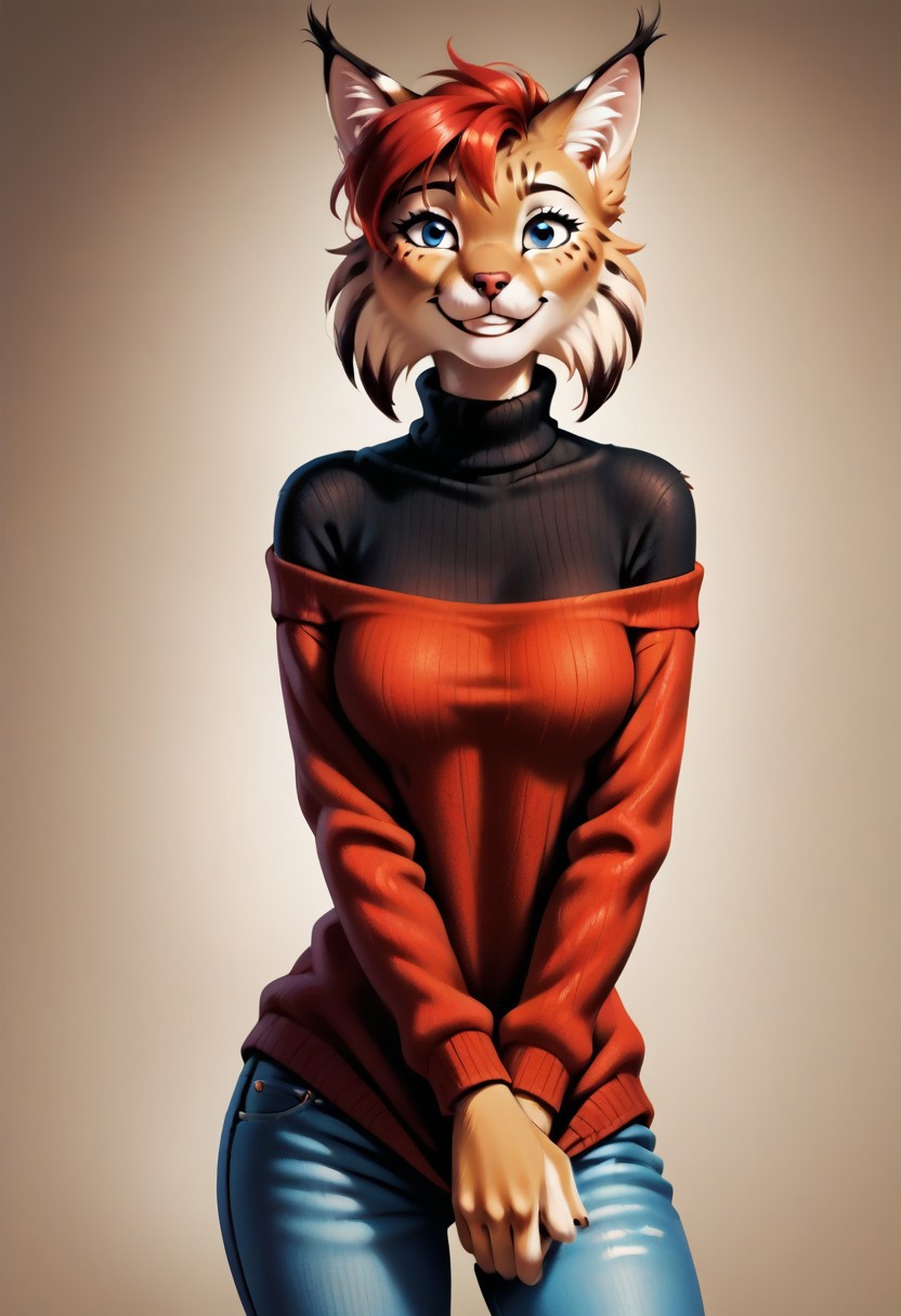 digital_media_(artwork) hi_res, score_9, score_8_up, score_7_up, score_6_up, source_furry, rating_safe, anthro, furry, female, furry female, detailed textured fur, fur tufts, SFW, 1girl, lynx, red hair, blonde brown fur, spots, beautiful blue eyes, medium breasts, covered breasts, slim, slender, turtleneck sweater, denim jeans, smile,
