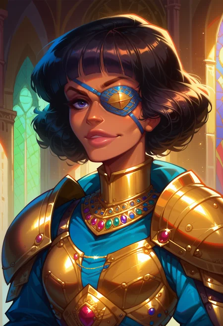 score_9, score_8_up, score_7_up,
solo, dark hair, tan skin, (big lips:0.8), bangs, blue shirt, sleeves, small breasts, indoors, castle, dark eyebrows, proud, detailed, confident, toned body, belts, duelist, elegant, fancy clothing, (close up:1.2), shoulder armor, black armor, intricate, sunlight, portrait, fully clothed, gold cape, eyepatch, fine details, looking at viewer,
<lora:Vivid_Rhapsody:0.68> <lora:DetailedEyes_V3:1> <lora:xl_more_art-full_v1:1>