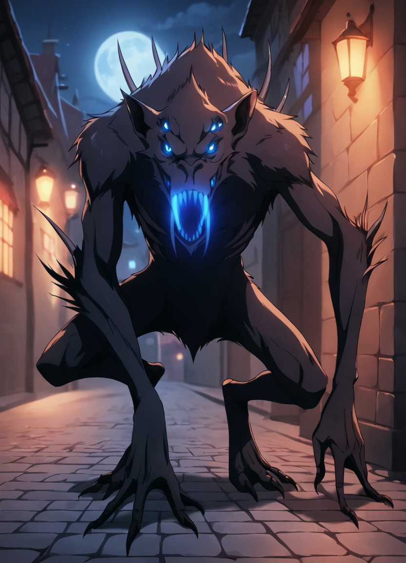Bluefangs, sharp teeth, teeth, open mouth, monster, no humans, solo, blue eyes, glowing eyes,full body,  glowing teeth, multi_eye,standing, pouncing, claws,   fangs, score_9, score_8_up, score_7_up, score_6_up, score_5_up, score_4_up, looking at viewer,<lora:BlueFangsPony1.0:0.8> dark, medieval town,   looking at viewer, night, turning around, dark atmosphere full moon, cobblestone, brick wall, moon light