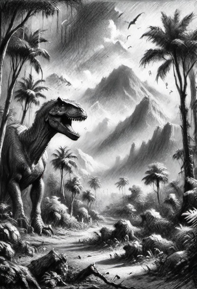 (masterpiece), 
A jurassic park landscape, 
Black and white tones,
HDR, highly detailed, 32k, 
looking at viewer,