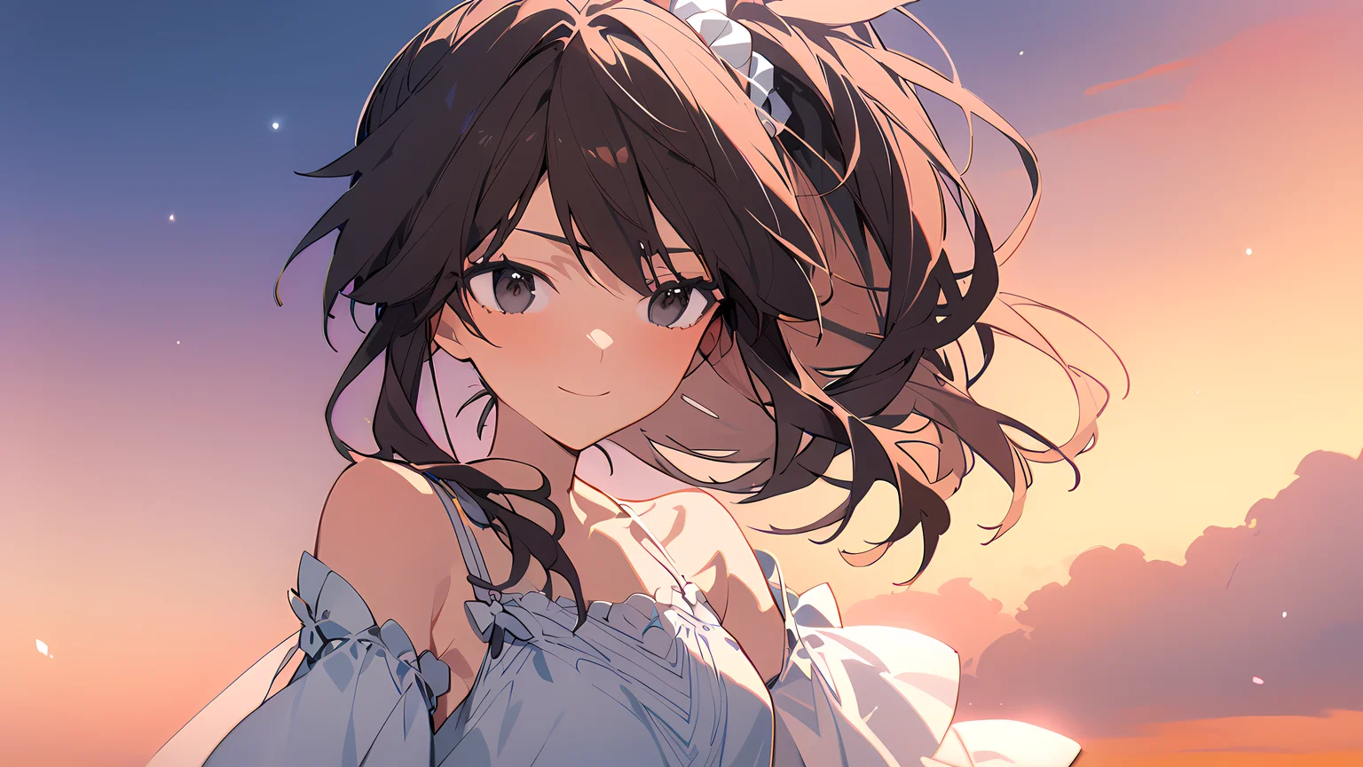 [Mochizuki Kei],{daizu \(melon-lemon\)},[ciloranko],tsubasa tsubasa,1girl, solo, yuzuri\(memories off 8\), hair scrunchie, ponytail, brown hair, one side up, black eyes, dusk, sunset, outdoors, wallpaper, beautiful detailed sky, light smile, sleeveless dress, white dress, upper body, hair blowing, hands in hair, looking to the side, masterpiece, best quality, newest, absurdres, highres, very aesthetic <lora:yuzuri_2_1:1> <lora:aesthetic_anime_v1s:1> <lora:ClearHand-V2:2>