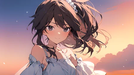 [Mochizuki Kei],{daizu \(melon-lemon\)},[ciloranko],tsubasa tsubasa,1girl, solo, yuzuri\(memories off 8\), hair scrunchie, ponytail, brown hair, one side up, black eyes, dusk, sunset, outdoors, wallpaper, beautiful detailed sky, light smile, sleeveless dress, white dress, upper body, hair blowing, hands in hair, looking to the side, masterpiece, best quality, newest, absurdres, highres, very aesthetic <lora:yuzuri_2_1:1> <lora:aesthetic_anime_v1s:1> <lora:ClearHand-V2:2>