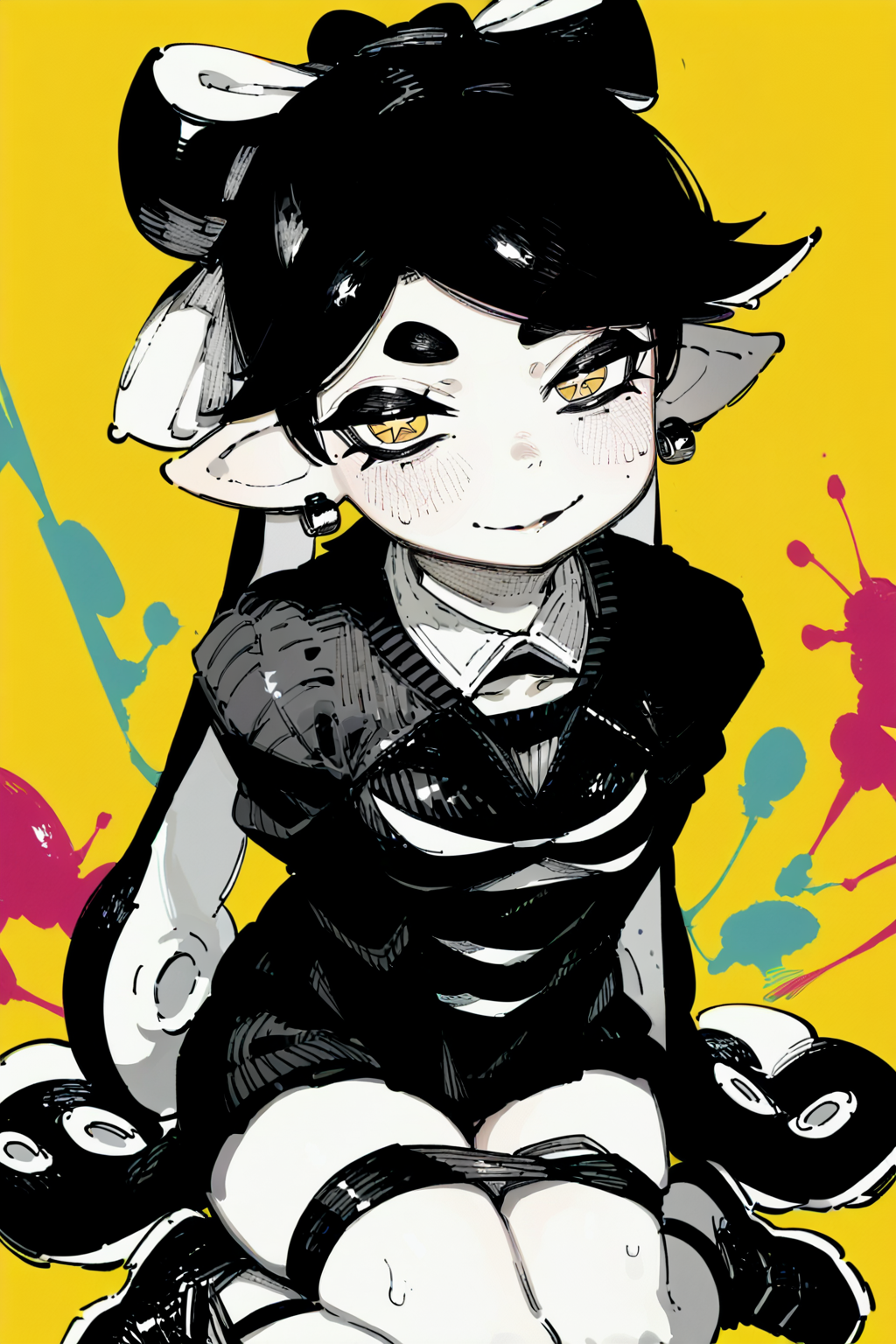 score_9, score_8_up, score_7_up, callie \(splatoon\), squid girl, symbol-shaped_pupils , multicolored_hair , black hair ,, solo, solo focus, portrait, yellow background, Arms wrapped around the legs while sitting, <lora:karasu_raven:1.5>, monochromeâââ