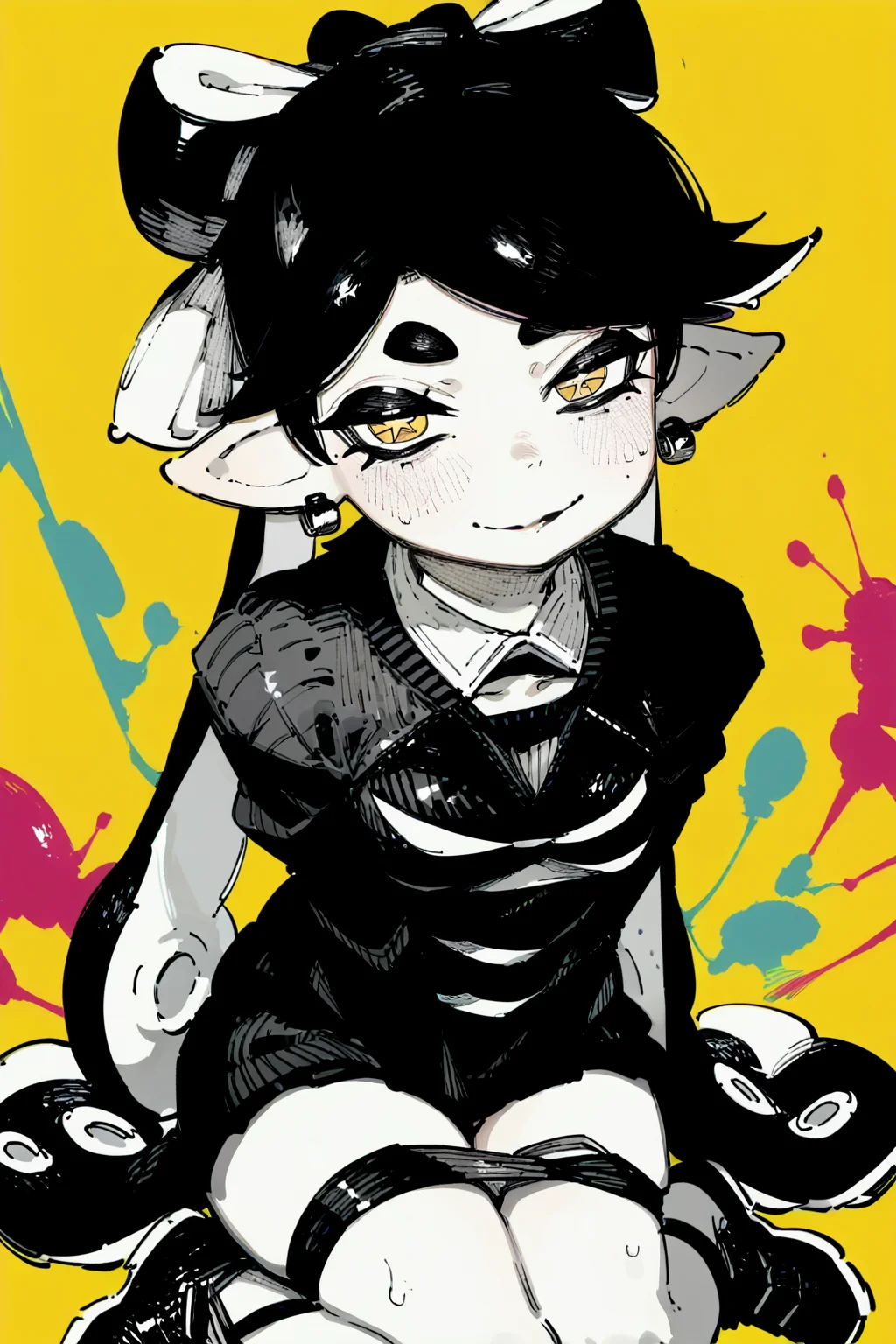 score_9, score_8_up, score_7_up, callie \(splatoon\), squid girl, symbol-shaped_pupils , multicolored_hair , black hair ,, solo, solo focus, portrait, yellow background, Arms wrapped around the legs while sitting, <lora:karasu_raven:1.5>, monochromeâââ