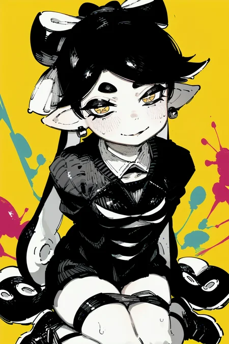score_9, score_8_up, score_7_up, callie \(splatoon\), squid girl, symbol-shaped_pupils , multicolored_hair , black hair ,, solo, solo focus, portrait, yellow background, Arms wrapped around the legs while sitting, <lora:karasu_raven:1.5>, monochromeâââ