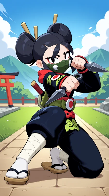 masterpiece, best quality, amazing quality, aesthetic, absurdres, best quality, 4k, upscale, outdoors, japan, Torii, sky, landscape, 1girl, kaze, solo, 1girl, black hair, (dynamic pose, foreshortening), dual wielding, weapon, black eyes, hair bun, holding, double bun, japanese clothes, kunai, holding weapon, looking at viewer, thick eyebrows, mask, sandals, makeup, eyeliner, mouth mask, ninja <lora:Kaze_IL:0.8>