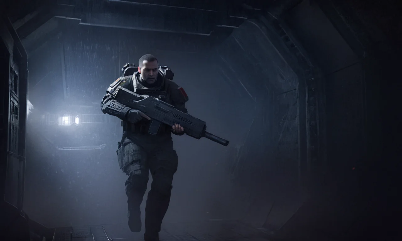 a colonial marine wearing combat armor holding a rifle running through a dark corridor inside a large spacecraft, gritty, atmospheric, cinematic concept art, futuristic science fiction, horror movie, alienrpg <lora:alienrpg:1> <lora:!action-sdxl-V0.5:1> <lora:- SDXL - vanta-black_contrast_V3.0:1> <lora:CinematicStyle_v1:0.5>
